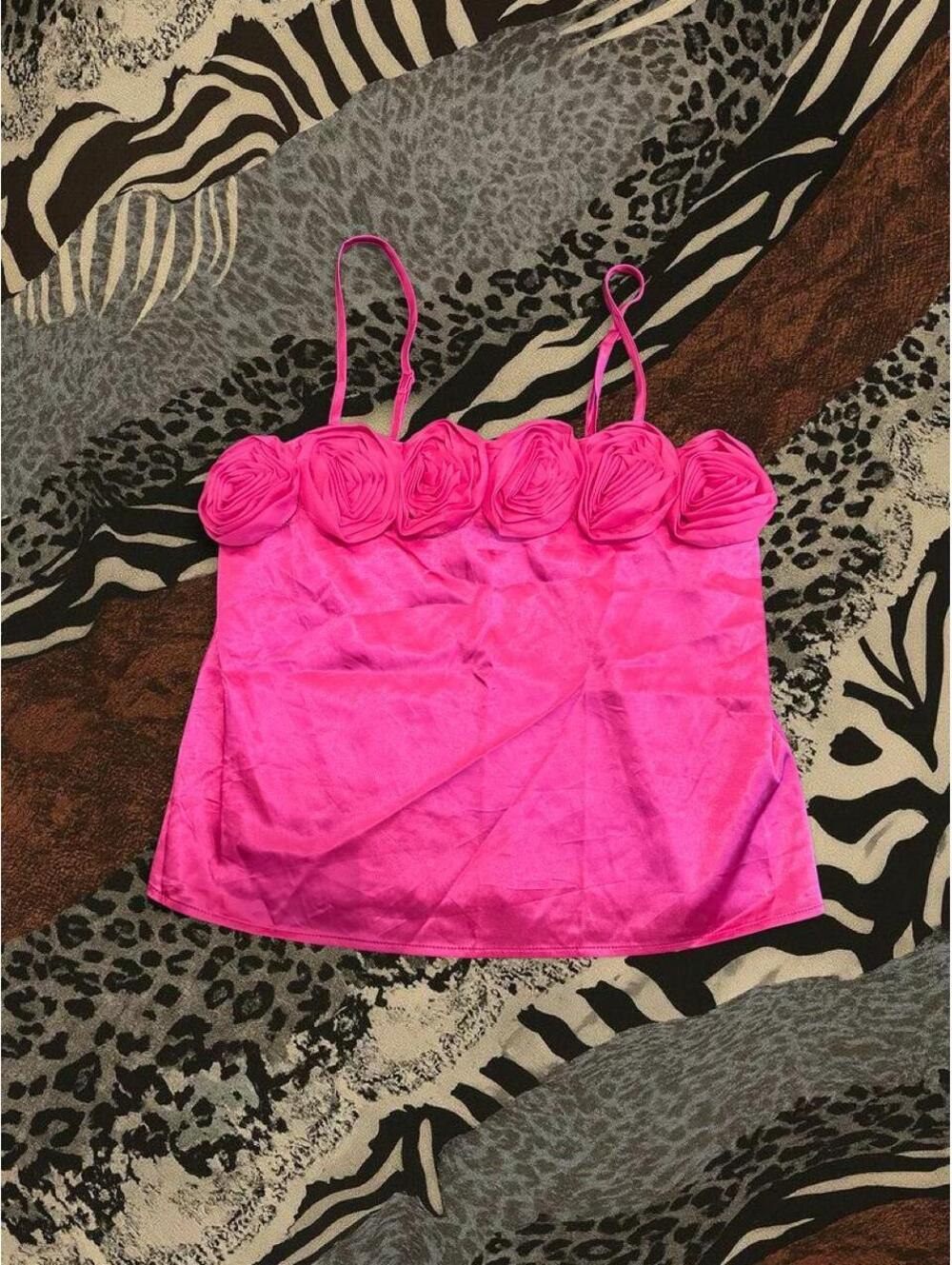 Pink satin cami top with floral trim